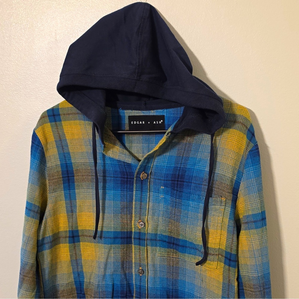EDGAR + ASH Men's Plaid Flannel Hooded LS Button-Up Shirt S Blue/Yellow #173